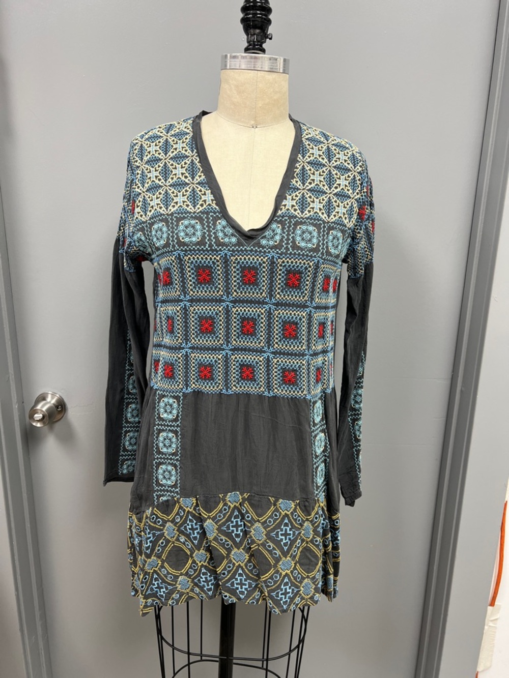 Johnny Was Black Tunic with Blue, Red and Yellow Geometric Embroidery